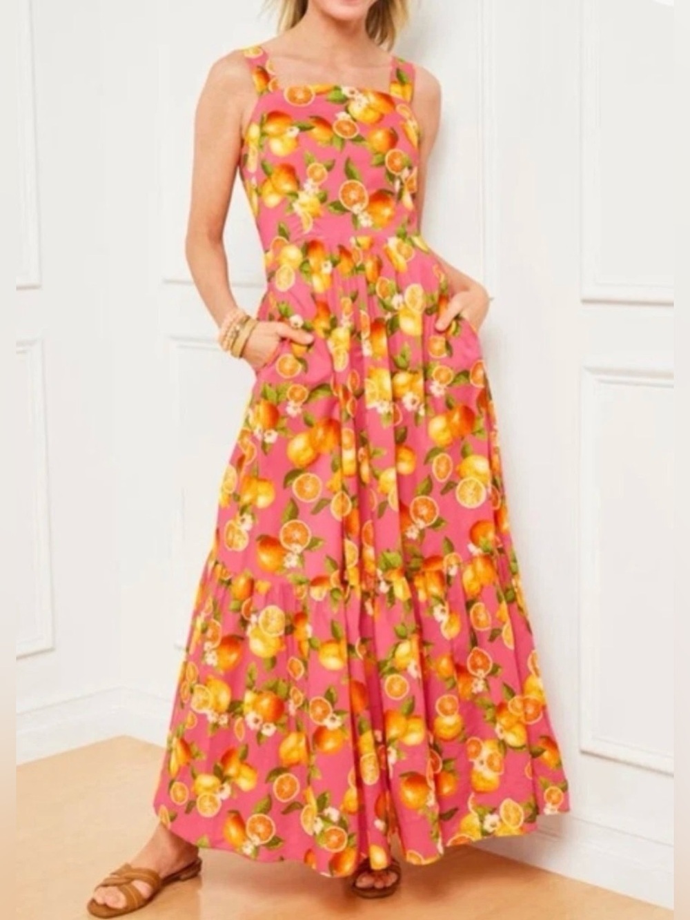 Talbots Pink Lemons Oranges Tiered Cotton Maxi Dress Sz 16 Summer Tropical Fun